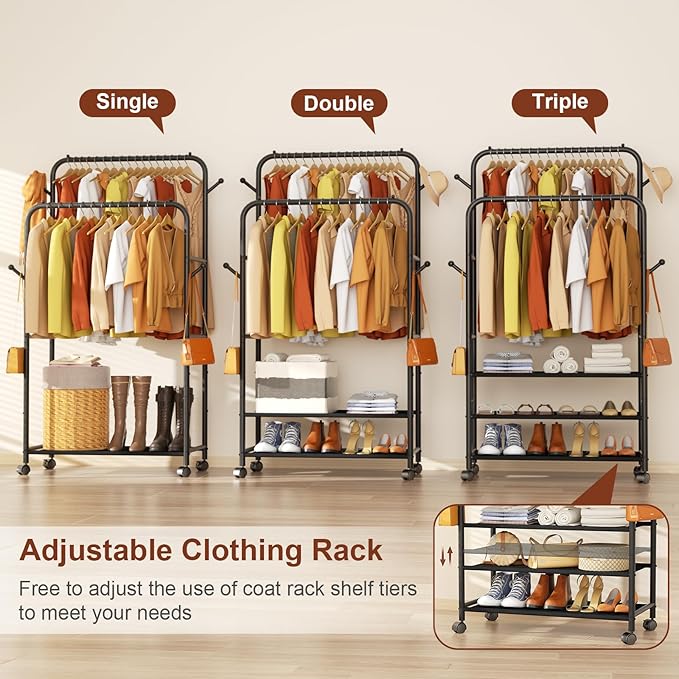 Furologee Clothes Racks for Hanging Clothes, Portable Rolling Garment Rack, Sturdy Metal Freestanding Cloths Racks with Wheels, Double Rods Wardrobe Rack for Bedroom Laundry Living Room