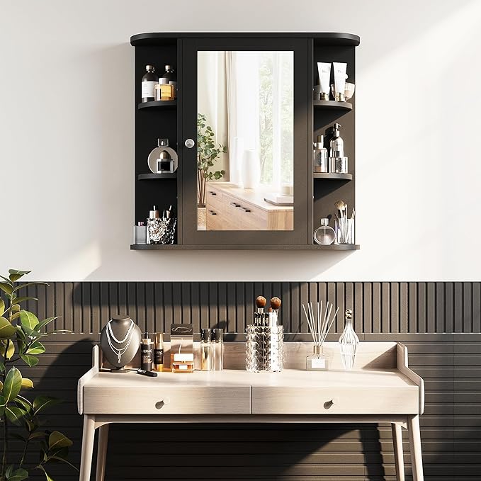 Shintenchi Bathroom Wall Cabinet with Mirror, Mounted Medicine Cabinets with 4 Internal and 6 Open Shelves, Mirrored Door Over The Toilet Storage, Black
