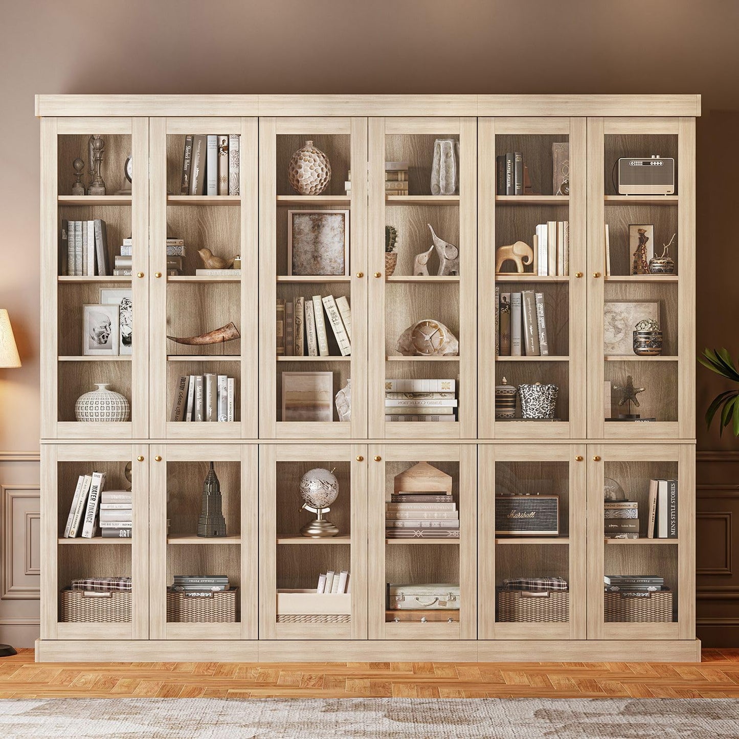 ivaniti 70.8" Tall Bookshelf with Doors, Farmhouse Modular Bookcase with 4-Tier Adjustable Shelves, Large Storage Cabinet for Home Office, Living Room, Brown, Set of 2