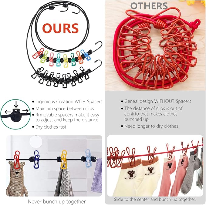 Retractable Portable Clothesline for Travel,2 Packs of Portable Clothesline with 8 clothespins,2 Packs of Disposable Compressed Towels,Suitable for Indoor Clothesline, Outdoor Camping Accessories