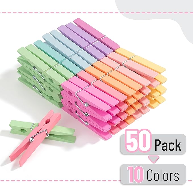 Mr. Pen- Wooden Clothes Pins, Natural Wood, 50 Pack, 2.9 Inch, Pastel Colors, Rust Resistant Clothes Pins for Hanging Clothes, Clothespins