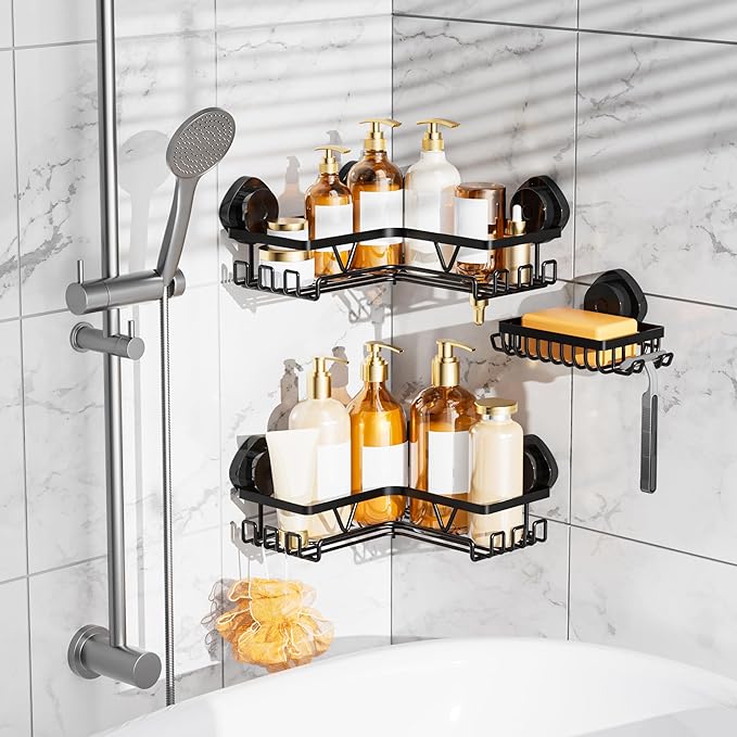 KEGII Corner Shower Caddy Suction Cup, Corner Shower Shelves with Soap Holder, No Drilling Suction Cup Bathroom Organizer with Hooks, Removable Bathroom Storage Rack, 3 Pack - Black