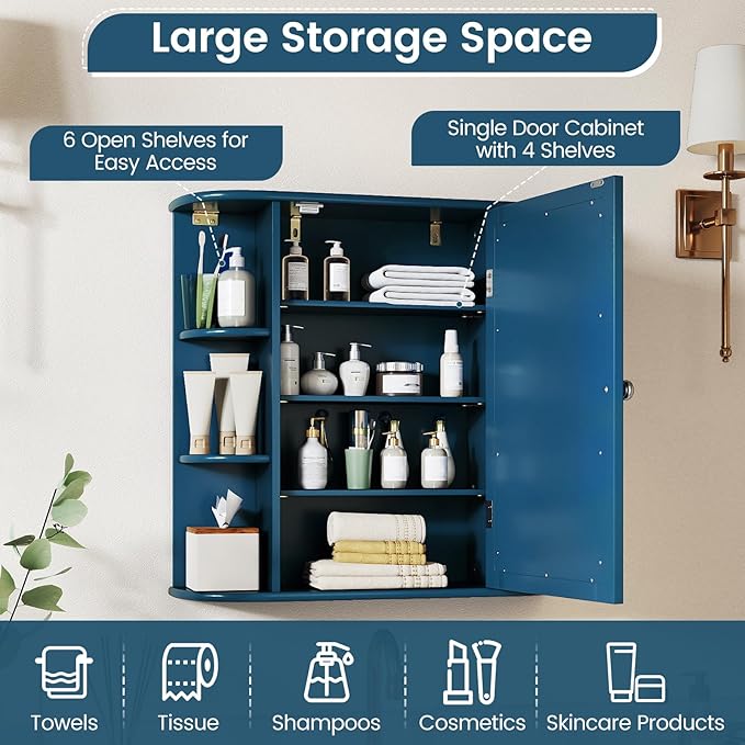 Tangkula Bathroom Medicine Cabinet with Mirror, Wall Mounted Home Storage with Door & 6 Open Shelves, Adjustable Shelves, Mirrored Bathroom Wall Cabinet (Blue)