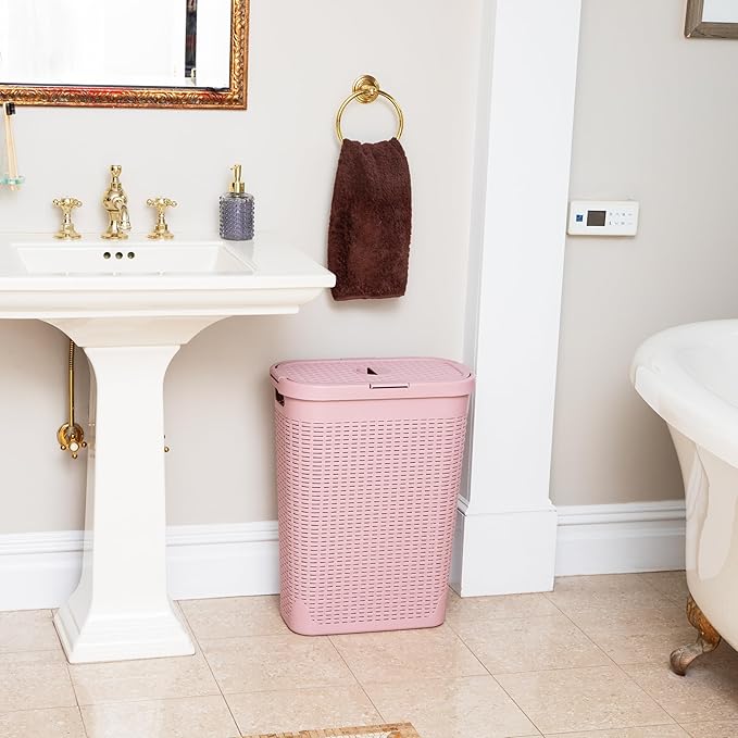 Mind Reader Slim Laundry Hamper with Lid, 40L Clothes Basket, Premium Wicker Design, Plastic, Pink