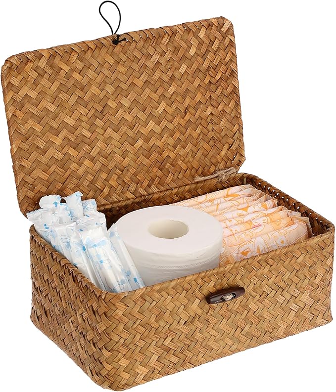 Sumnacon Wicker Basket with Lid Rectangle Woven Baskets for Toiletries Tampon Storage,Wicker Storage Basket with Lid,Decorative Seagrass Storage Baskets for Shelf Bathroom Toilet Table, Caramel