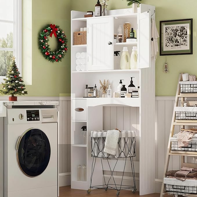 Gizoon 66''H Over The Toilet Storage Cabinet, White Over Toilet Storage Cabinet, Over Toilet Bathroom Organizer, with 2 Doors, Paper Holder and Racks, Adjustable Shelf, for Bathroom, Laundry, White