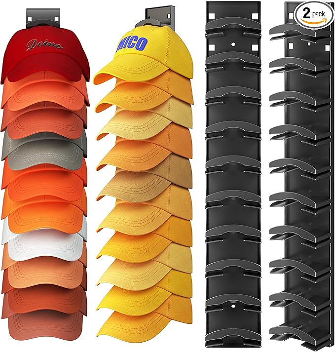 Hat Organizer Hold up to 20 Hats, 2 Pack Hat Rack for Wall with Strong Adhesive, Hat Organizer for Baseball Caps Display for Door Closet, Hat Hanger Holder Multilayer Two Mounting Option(Black)