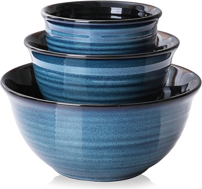 HASENSE Ceramic Mixing Bowls Set, 2.1/1.0/0.5 Qt, Handmade Salad Serving Bowls for Kitchen, Deep Nesting Dishes for Storage and Baking, Microwave Dishwasher Safe