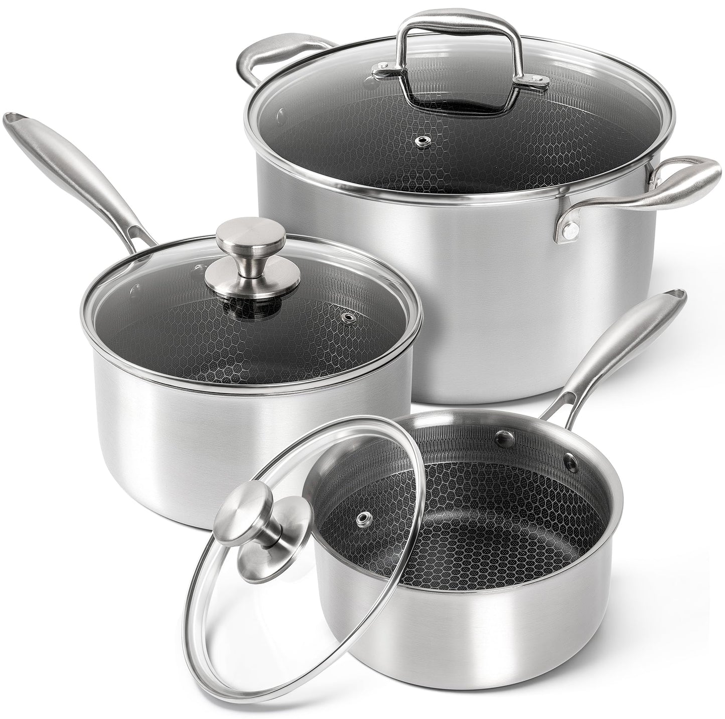 MICHELANGELO Triply Stainless Steel Pot Set, Hybrid Nonstick Saucepan Set with Lids, Induction Compatible Heavy Duty Sauce Pan 1QT & 2QT & 3QT, Honeycomb Interior, Dishwasher Safe Cookware - 6 Piece
