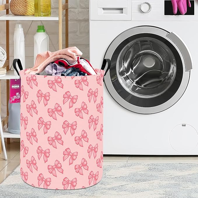 Laundry Hamper Large Canvas Fabric Lightweight Storage Basket/Toy Organizer/Dirty Clothes Collapsible Waterproof for College Dorms, Boys and Girls Bedroom,Bathroom(Pink bowknots)