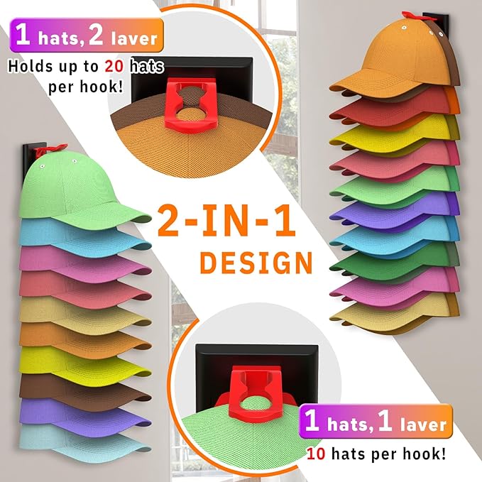 Hat Organizer for Baseball Caps, 2 Pack Hold Up to 40 Hats, Hat Rack for Wall Space Saving, Hat Hanger w/Strong Adhesive Hat Storage Holder Display for Closet Door and Wall (Black & Color)