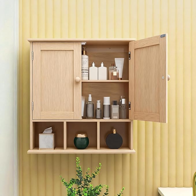 TaoHFE Natural Wooden Color Bathroom Wall Cabinet with 2 Door Adjustable Shelves,Over The Toilet Storage Wall Mounted Medicine Cabinets for Bathroom Laundry Room Kitchen