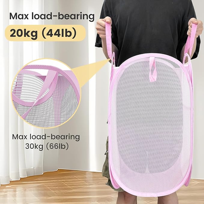 2 Pack Strong Mesh Pop-up Laundry Hamper, Quality Pop Up Hampers for Laundry with Durable Handles Solid Bottom High Carbon Steel Frame, Easy to Open and Fold Flat for Storage(Light Pink)