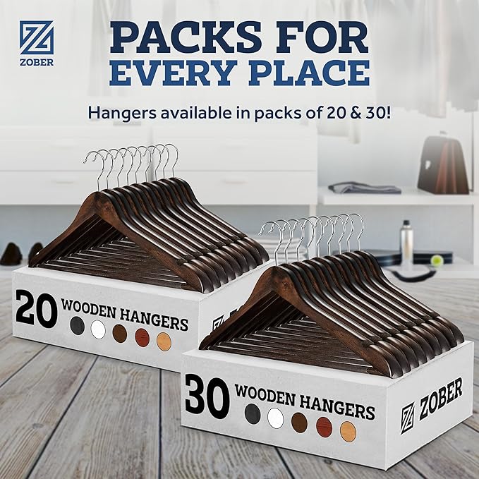 ZOBER Wooden Hangers - Heavy Duty, Non Slip Wood Hangers for Coats, Jackets, Suits, & Pants - Coat Hangers for Closet W/Bar and Notches 20 Pack