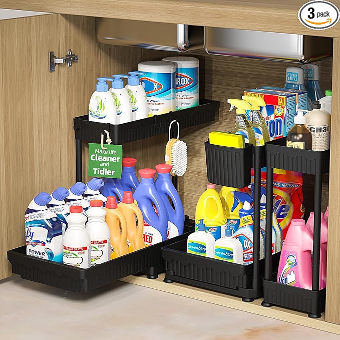 3 Pack Multi-Purpose Under Sink Organizers and Storage, 2026 L-Shaped Pull Out Cabinet Organizer for Bathroom & Kitchen, Under Cabinet Organizer with Hooks Hanging Cup, Black