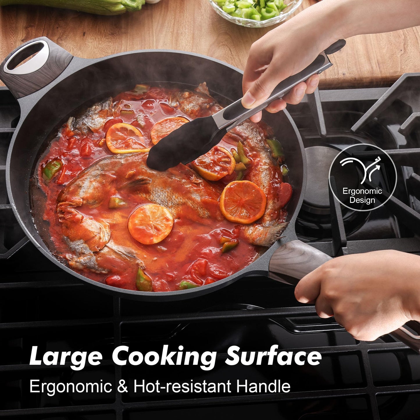 SENSARTE 9.5inch Ceramic Nonstick Frying Pan Paella Pan with Lid, Taupe