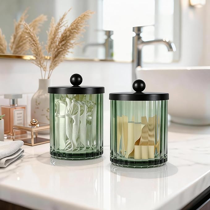 Amolliar Sage Green Glass Apothecary Jar, Qtip Holder Dispenser for Cotton Swabs, Balls, Makeup Pads, Floss Picks, Bathroom Essential Accessories, Countertop Canister Storage Organizer (Black, 4 Pack)