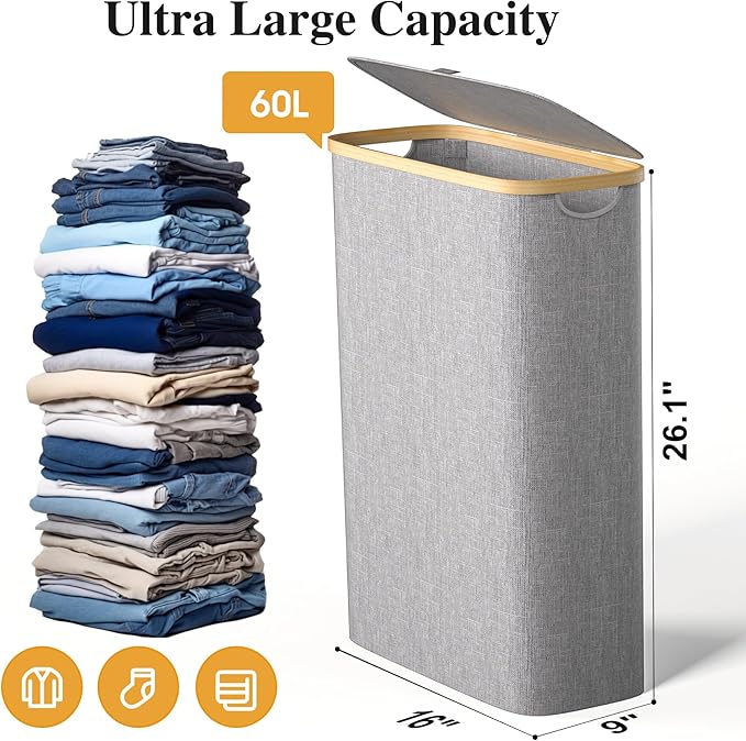 Slim Laundry Hamper, 60L Waterproof Narrow Laundry Basket with Lid and Removable Bag, Collapsible Tall Clothes Hamper with Bamboo Handles for Clothes Toys in Dorm Bedroom Bathroom, Grey