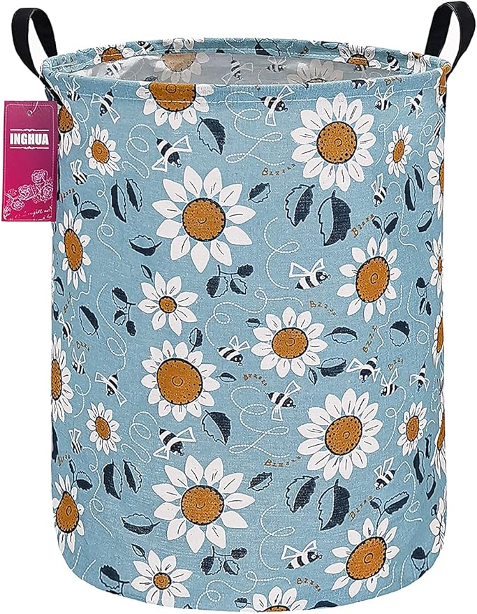 Laundry Hamper Large Canvas Fabric Lightweight Storage Basket/Toy Organizer/Dirty Clothes Collapsible Waterproof for College Dorms, Boys and Girls Bedroom,Bathroom (Sunflower)