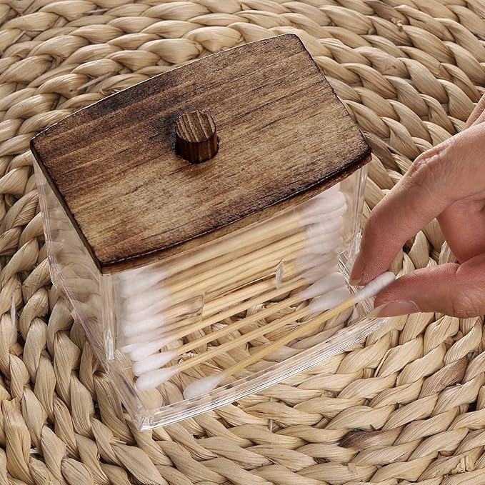 Tbestmax 7 OZ Cotton Swab Pads Holder, Qtip Cotton Buds Ball Dispenser, Bathroom Containers Apothecary Jar for Storage Brown Wood Lids 1 Pcs