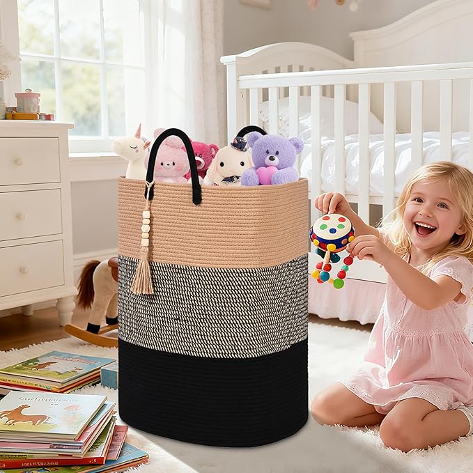 Woven Laundry Basket for Clothes, 50 L Large Rectangle Laundry Hampers with Beads Tassel, Nursery Storage Basket for Toys, Tall Dirty Clothes Hamper for Bedroom Aesthetic, Laundry Room Organization