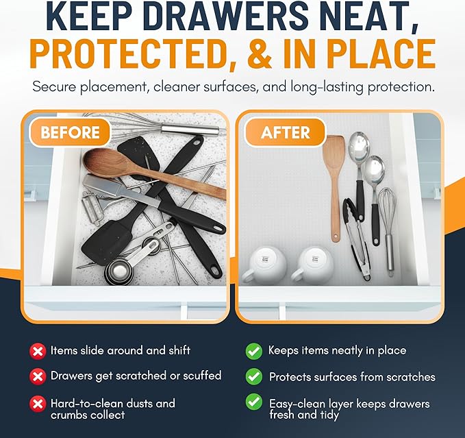 Shelf Liner Drawer Liner for Kitchen Cabinets Non-Adhesive by Linda’s Essentials (17.7 x 120 Inches) - Non-Slip Easy Clean Kitchen Cabinet and Cupboard Protector, Waterproof Mat, Clear Roll