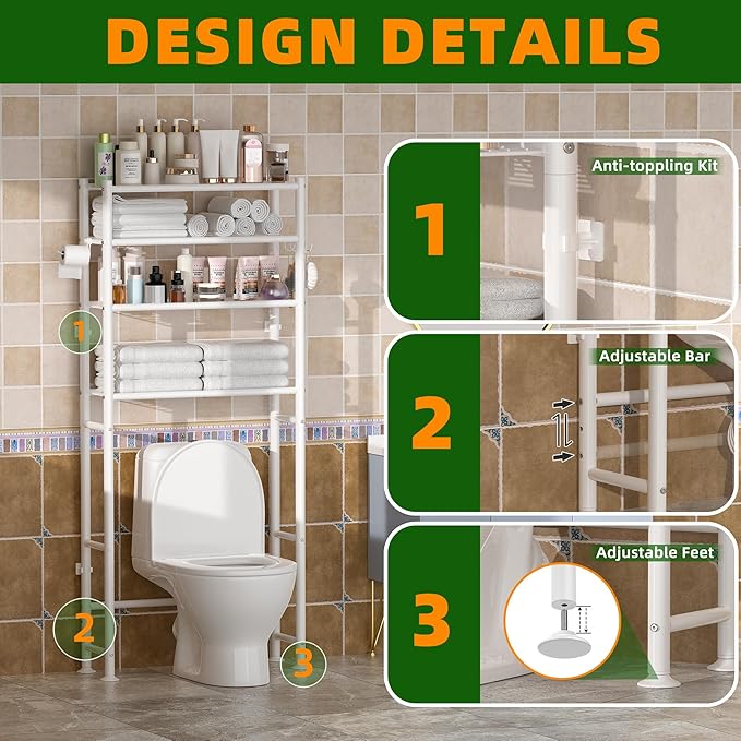 4-Tier Over The Toilet Storage Cabinet, Space Saver Over Toilet Bathroom Organizer and Storage, Metal Shelves for Bathroom/Living Room/Laundry/Balcony, White