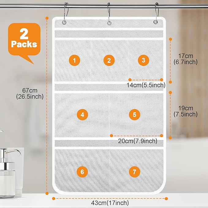 2 Pack Mesh Shower Hanging Caddy, 7 Pockets Hanging Shower Organizer with Metal Loop, Portable Bathroom Bag for Shampoo, Body Wash, Soap, and Cruise Ship Essentials