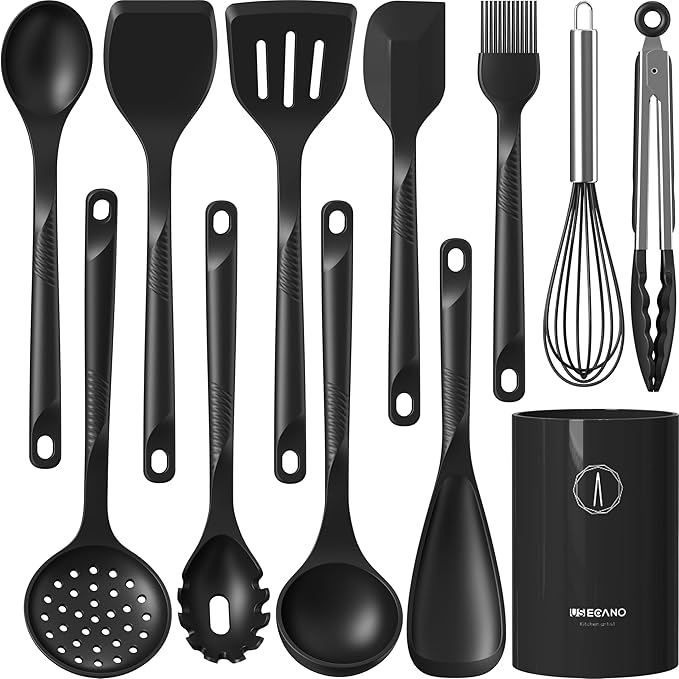 Silicone Cooking Utensils Set - 600°F Heat Resistant, Nonstick Kitchen Utensil Set with Spatulas, Spoons, Whisk, Tongs, BPA Free, Dishwasher Safe (Gray)