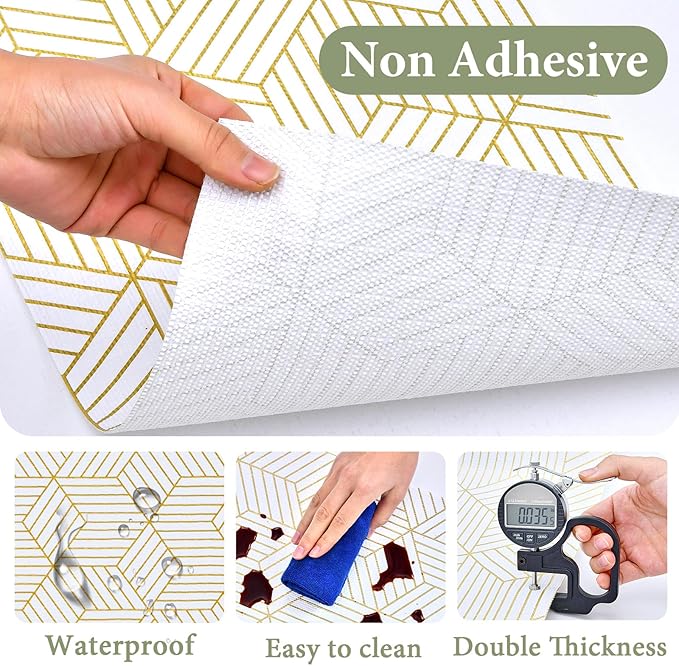 Shelf Liners for Kitchen Cabinets 35.4 in X 19.69 Ft, Non Adhesive Cabinet Liner Strong Non-Slip Thickened Gold Geometric Drawer Liner, Easy to Clean for Shelf, Cabinet with Knife and Tape Measure