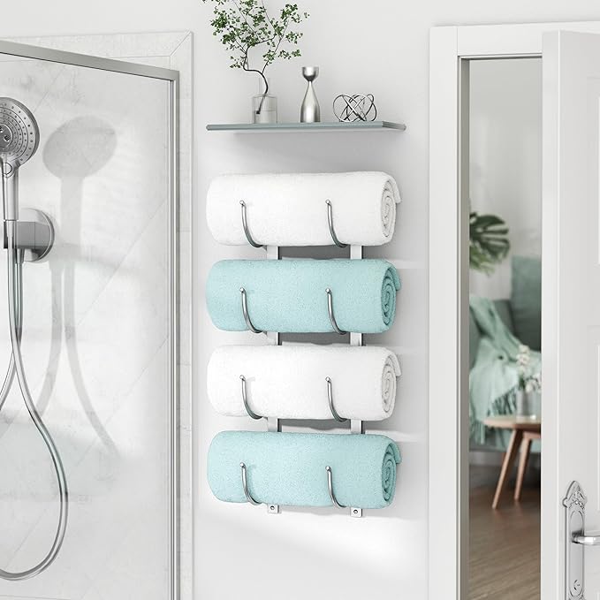 Rolled Towel Rack for Bathroom– 4-Tier Rolled Towel Storage Holder,Metal Organizer for Towels & Large Bath Sheets, Space Saving Rack for Small Bathroom, RV, Camper, Closet, Silver Metal