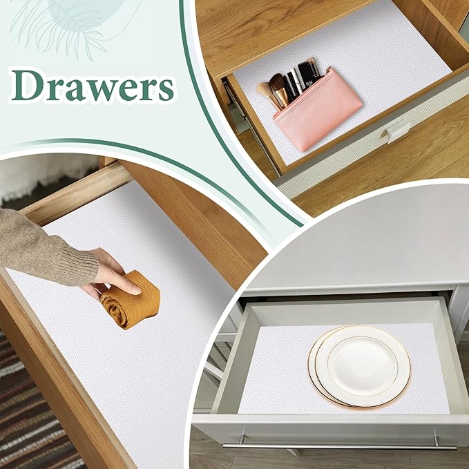 Drawer and Shelf Liner for Kitchen Cabinet: 17 in X 20 Ft Non Slip Waterproof Shelf Paper Non Adhesive Refrigerator Liners White Easy Liners for Bathroom Cupboard with Knife Tape Measure