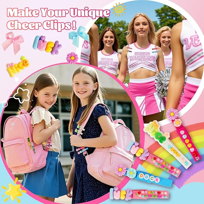 100 Cheer Pins Set - Wooden Colored Clothes Pins with Glue & Tools,Cheer Pin Kit 180 Mini Bows Ducks Daisy Balls 300 Letters 4 Stickers, DIY Custom Pins for Backpack Team Cheerleader Gifts