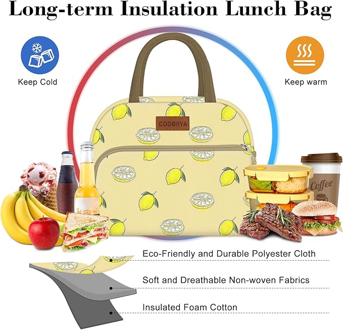 Coobiiya Lunch Bag for Women Men, Cute Lunch Tote Bags Insulated Reusable LunchBox Large Capacity Cooler Bag for Work Travel Picnic Green white