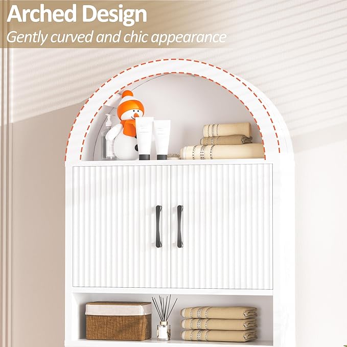 Spurgehom Over The Toilet Storage Cabinet, Bathroom Shelf Organizer Freestanding, Bathroom Arch Cabinet Over Toilet with Toilet Paper Holder and Anti-Tipping Device (Narrow Style-White)