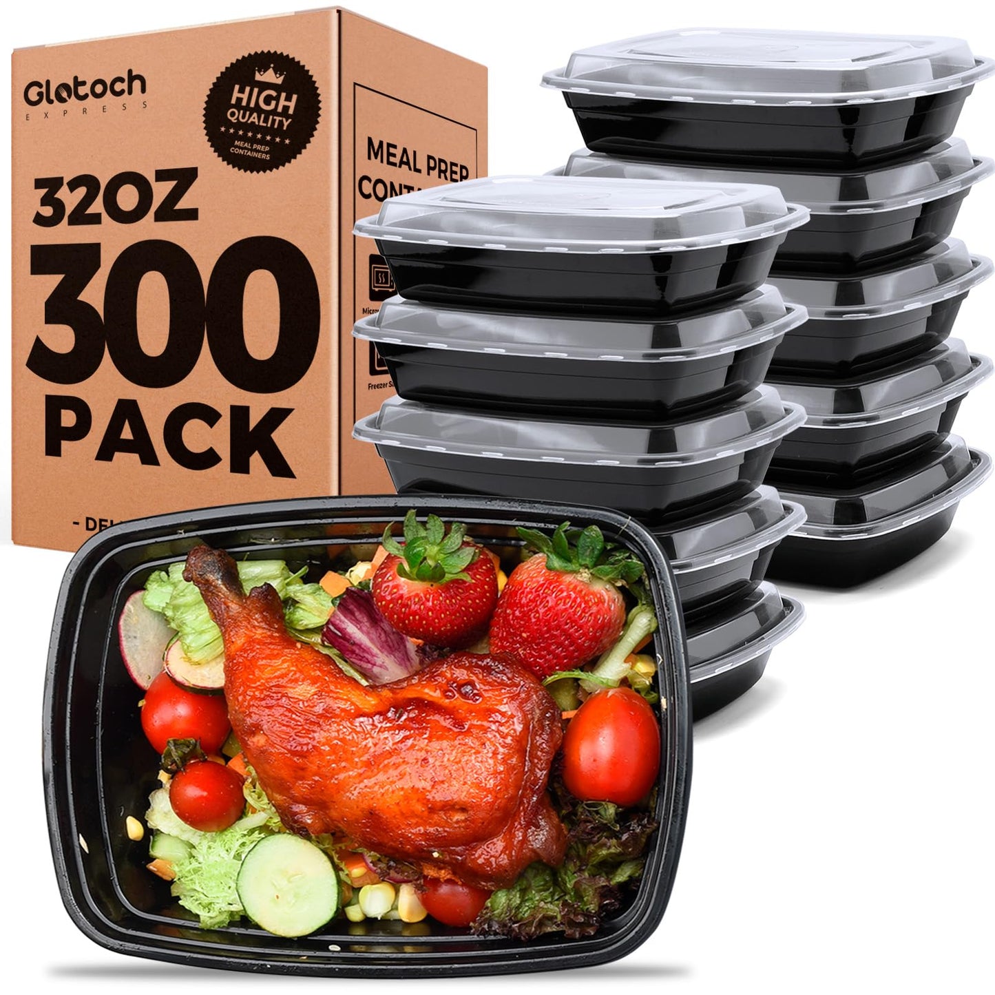 Glotoch 3-Compartment Meal Prep Containers with Lids, 34 oz, 50 Pack