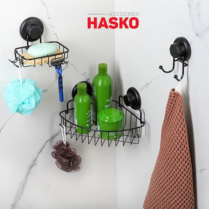 Corner Shower Caddy with Suction Cup Shower Shelf with Hooks, Stainless Steel Bathroom Caddy, Wall Mounted Shower Basket for Bathroom, Adhesive 3M Stick Discs Included (Black)