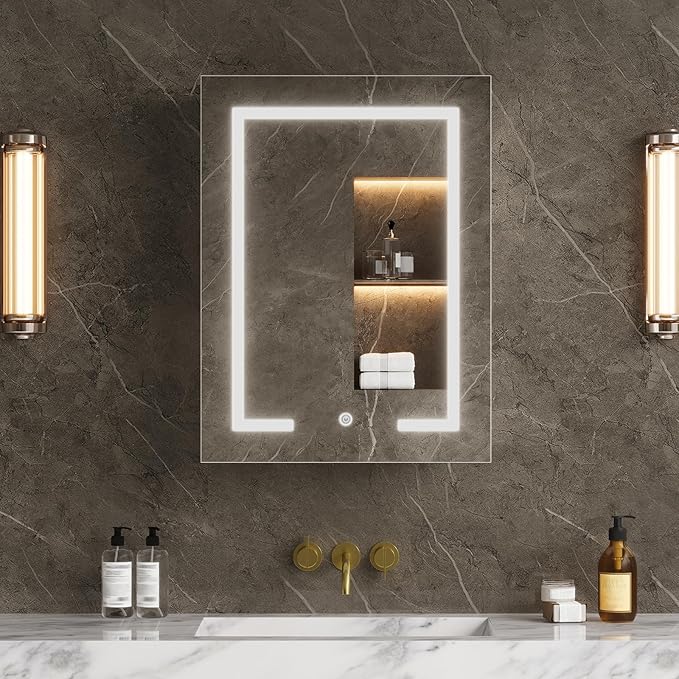 LED Lighted Bathroom Medicine Cabinet with Mirror, Bathroom Vanity Mirror with Storage, Wall-Mounted Storage Cabinet with Adjustable Shelves, Touch-Sensitive Control, 3 Color Lighting, White