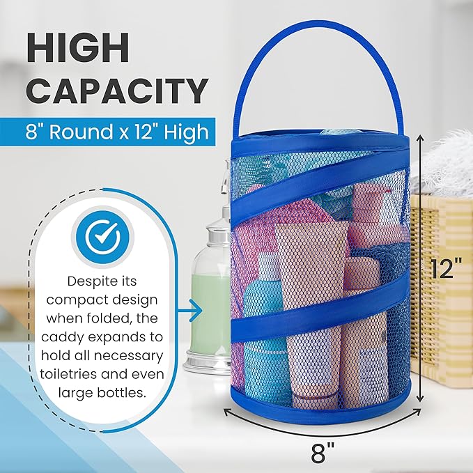 Handy Laundry Foldable Shower Caddy - Collapsible, Portable, Drainage Hole, Carry Handle, Large Compartments. Great Organizer for Camp, Travel, Gym, and Dorm (Blue)