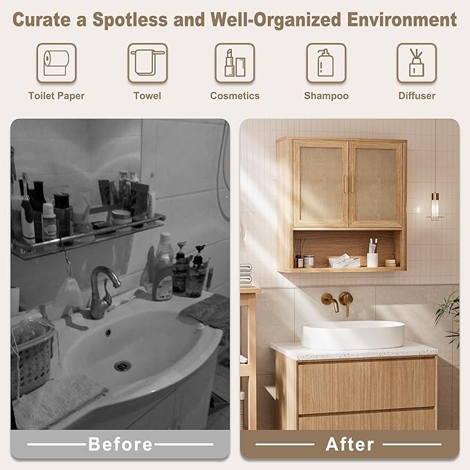 Rattan Bathroom Wall Cabinet with Open Compartments, Wall-Mounted Medicine Cabinet with Adjustable Wood Shelf & Doors, Over The Toilet Storage Cabinet for Laundry Room & Kitchen & Living Room