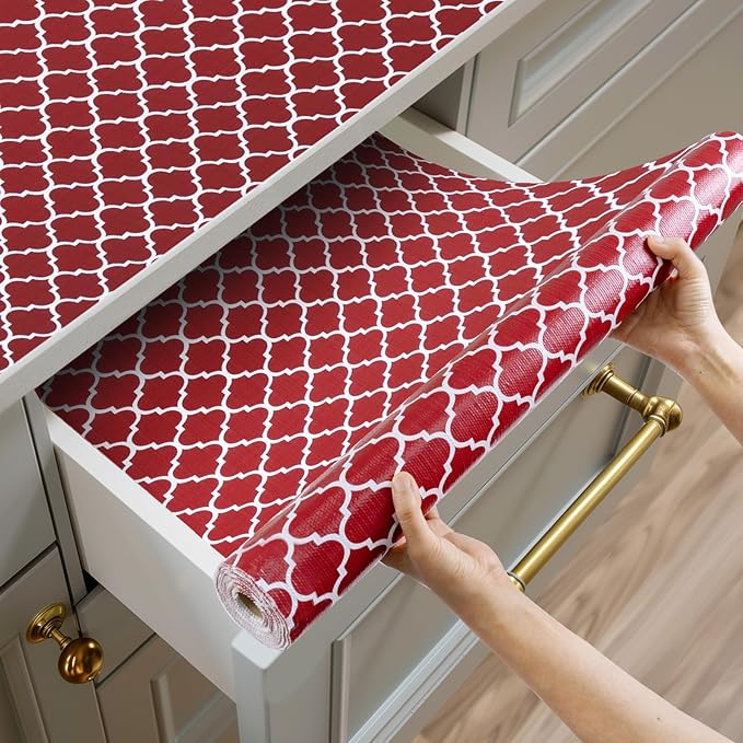 Shelf and Drawer Liner for Kitchen Cabinets Non-Adhesive, Strong Grip Non-Slip Thickened Cabinet Liners for Shelves, Waterproof Mats for Dresser Cupboard, Red/White, 17 in x 20 Feet