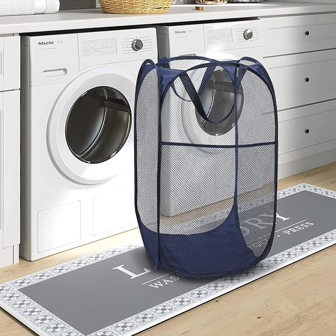 BATTOO Deluxe Strong Mesh Pop up Laundry Hamper Basket with Side Pocket Foldable Hamper for Laundry Room, Bathroom, Kids Room, College Dorm or Travel Navy + Navy