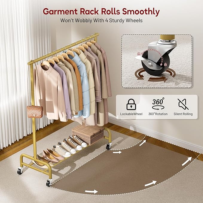 SLEEPING LAMB Heavy Duty Clothes Racks for Hanging Clothing Rack, 43" Wide Rolling Garment Rack Metal Wardrobe Rack with Wheels Closet Hanger Rack for Coats, Shirts, Dress (Gold)