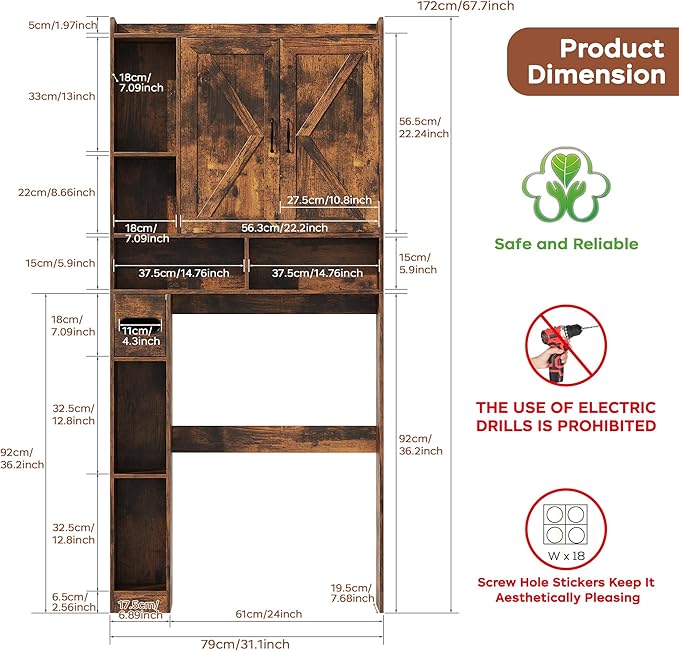 Over The Toilet Storage Cabinet, 31.1”W Bathroom Organizer with Double Doors, Above Toilet Rack, Detachable Toilet Paper Holder for Bathroom & Laundry Room Brown