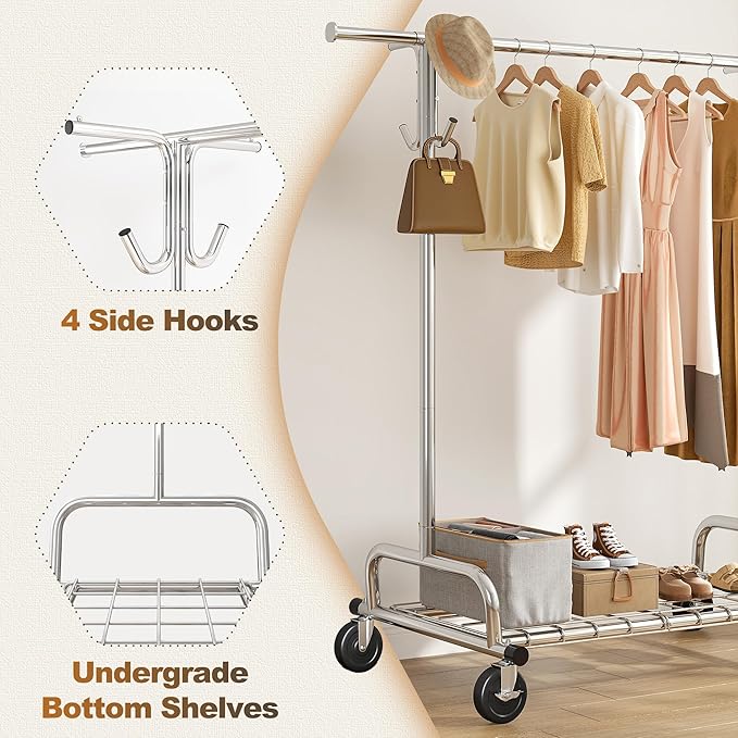 Raybee Heavy Duty Clothes Rack Load 485LBS, 74''W Clothing Rack with Mesh Shelf, Rolling Garment Rack with Adjustable Rail & Lockable Wheels for Bedroom, Laundry Room,Commercial