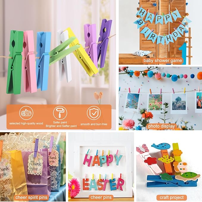 Colored Clothes pins 12 Color, Colorful ClothesPins Wooden Clips for Photos Pictures Decorative Crafts, Decoration clothespins Clothing Hanging clothespins 2.9inch 36PCS (Rainbow Colors)