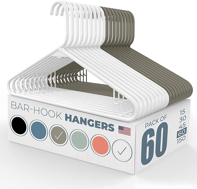Neaties Plastic Hangers 50 Pack (60 Count) – Made in The USA – 6lb Capacity Standard Clothes Hangers with Strap Hooks for Dresses, Lingerie, Shirts, Pants, and Jackets – White & Gray