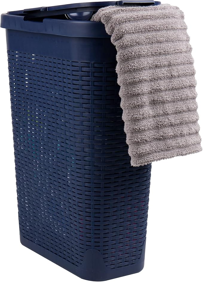 Mind Reader Slim Laundry Hamper with Lid, 40L Clothes Basket, Premium Wicker Design, Plastic, Navy