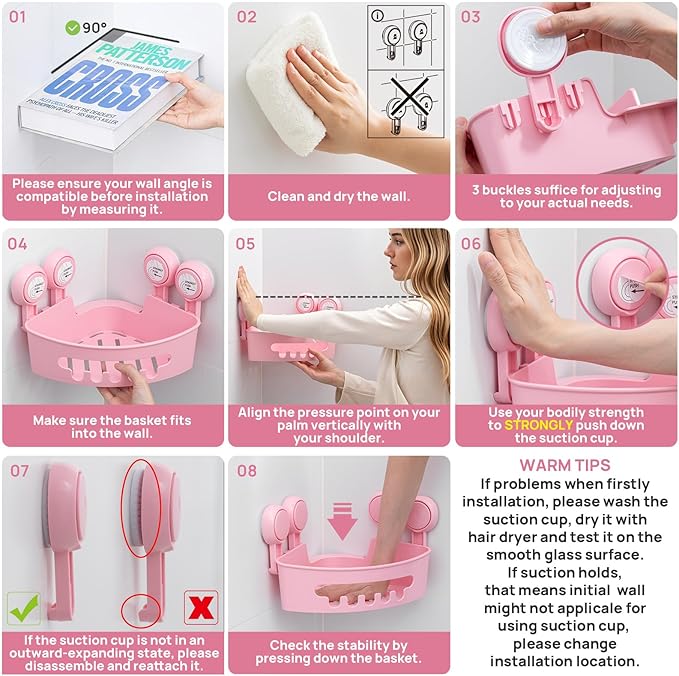 LEVERLOC Corner Shower Caddy Suction Cup, Shower Caddy Basket Powerful Suction Bathroom, Waterproof & Rustproof Organizer for Bathroom Storage, No-Drilling Removable (Pink)