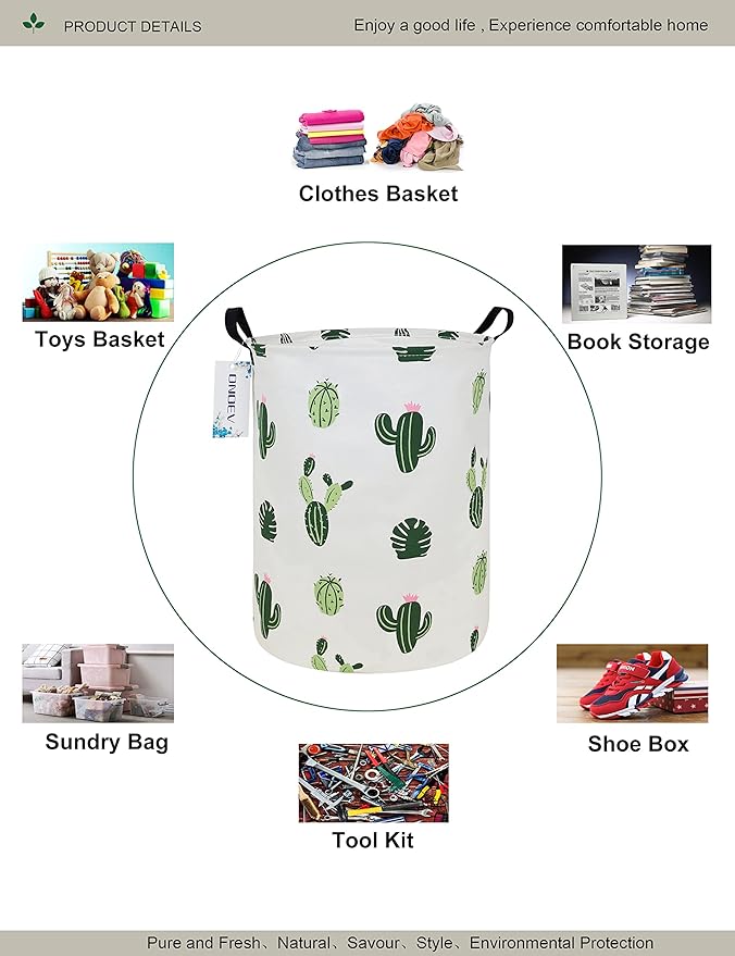 Round Fabric Storage Bin,Decorative Basket,Organizer Basket with Handles,for Clothes Storage,books and sundries (Green Cactus), 19.7inch(H) x 15.7inch(D)